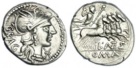 ANTESTIA. Denario. Roma (136 a.C.). R/ Júpiter en cuádriga a der.; L. ANTES, ROMA. MBC.