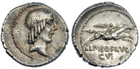 CALPURNIA. Denario. Roma (90-89 a.C.). R/ Jinete con palma a der.; L. PISO FRVGI, CVTI. FFC-247. EBC/EBC-.