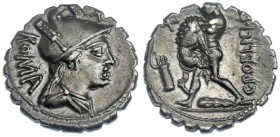POBLICIA. Denario. R/ Hércules luchando con el león de Nemea; a la izq. arco y carcaj, debajo clava, arriba, x. FFC-1017. SB-9. Pátina gris. EBC-.