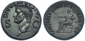 AUGUSTO. Dupondio. Roma (37-41 d.C.) Acuñada bajo Calígula. A/ Busto radiado a izq.; DIVVS AVGVSTVS. R/ Augusto sentado a izq., sobre silla curul y so...