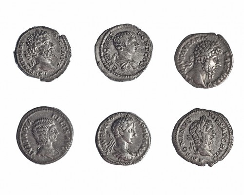 6 denarios: Julia Domna, Cómodo, Lucio Vero, Caracalla, Geta y Septimio Severo. ...