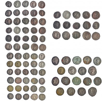 39 antoninianos: Galieno (5), Claudio II (5), Aureliano (5), Tácito, Probo (7), ...