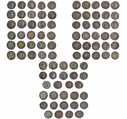 44 antoninianos: Diocleciano (16), Maximiano Hércules (20), Constancio Cloro (7)...