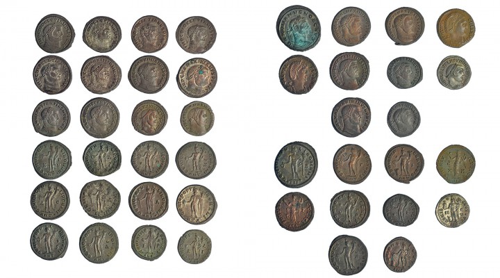 22 follis: Diocleciano (5), Maximiano Hércules (3), Constancio Cloro (2), Galeri...