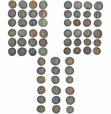 33 follis: Diocleciano (5), Maximiano Hércules (7), Constancio Cloro (5), Galeri...