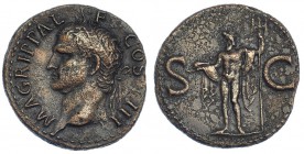 AGRIPA. As. Roma (37-41). Acuñación bajo Calígula. A/ Busto de Agripa con corona rostral a izq.; M. AGRIPA L. F. COS. III. R/ Neptuno sosteniendo delf...