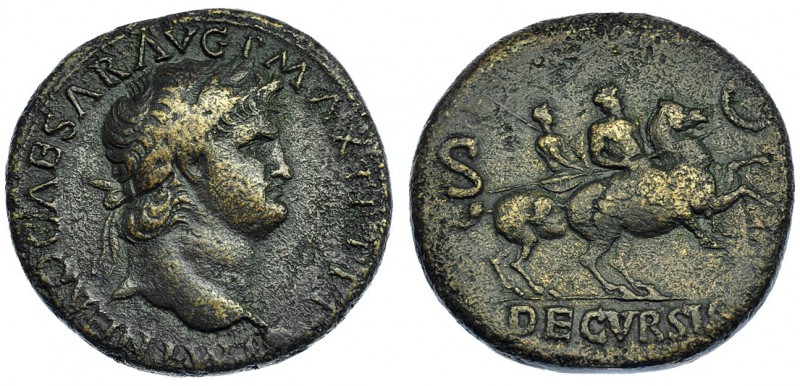 NERÓN. Sestercio. Roma (67). A/ Busto laureado a der., terminado en globo. R/ Ne...