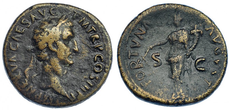 NERVA. Sestercio. Roma (97). A/ Busto laureado a der. R/ La Fortuna con timón y ...