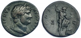 ADRIANO. Sestercio. Roma (124-128). A/ Busto laureada a der. y drapeado sobre el hombro izq.. R/ Neptuno con el pie sobre proa y sosteniendo tridente ...
