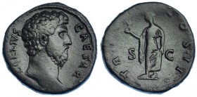 AELIO. As. Roma (137). A/ Busto de Aelio a der.; L. AELIVS CAESAR. R/ La Esperanza sosteniendo flor; TR. (POT) COS. II, S-C. RIC-1067. CH-55. Pátina o...