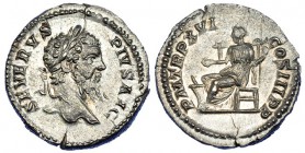 SEPTIMIO SEVERO. Denario. Roma (208). R/ La Concordia sentada a izq. con pátera y cetro. RIC-218. CH-514. Pequeña grieta. EBC+.