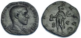 HERENNIO ETRUSCO. Sestercio. Roma (250-251). R/ Mercurio con bolsa de monedas y caduceo; PIETAS AVGG, S-C. RIC-167a. CH-12. Pátina oscura. MBC. Muy es...