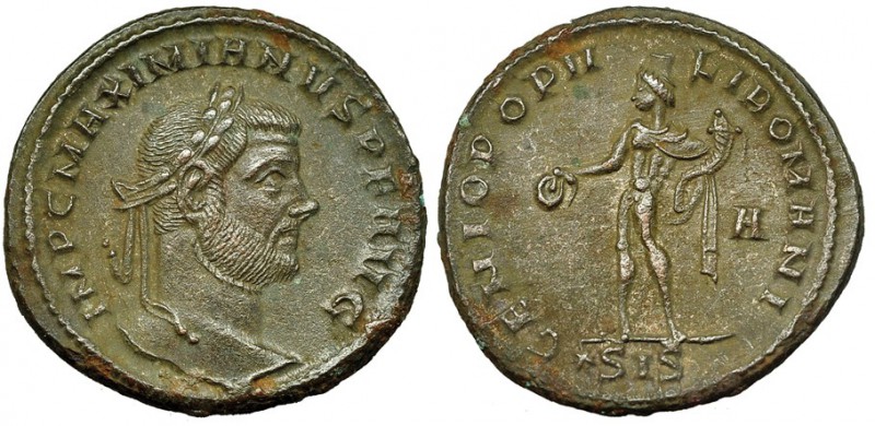 MAXIMIANO. Follis. Siscia (295). A en el campo, *SIS en el exergo. R/ G. P. R. R...