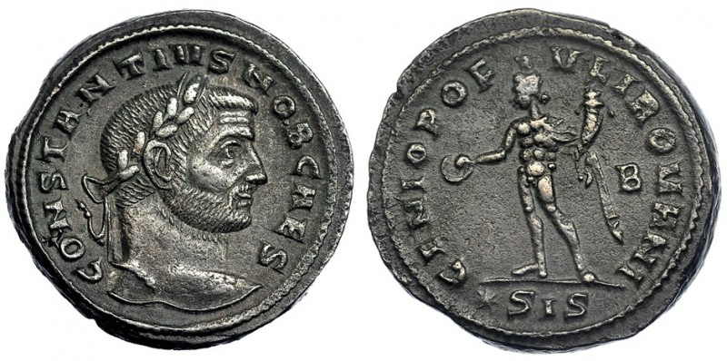 CONSTANCIO I. Follis. Siscia (295). B en campo, *SIS en el exergo. R/ GENIO POPV...
