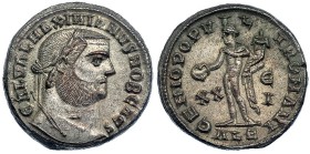 GALERIO MAXIMIANO. Follis. Alejandría (301). XX/EI en el campo, ALE en el exergo. R/ GENIO POPVLI ROMANI. RIC-33b. P. O. EBC+. Ex colección Dattari.