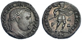 GALERIO MAXIMIANO. Follis. Alejandría (308). Marcas: P/DR, ALE en el exergo. R/ VIRTVS EXERCITVS. RIC-75. MBC+. Ex colección Dattari.