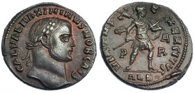 MAXIMINO II. Follis. Alejandría (3087). Marcas: P-AR, ALE en el exergo. R/ VIRTVS EXERCITVS. RIC-77. EBC-. Ex colección Dattari.