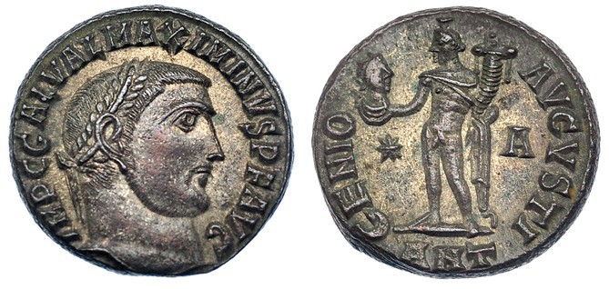 MAXIMINO II. Follis. Antioquía (312). *- A en el campo, ANT en en exergo. R/ GEN...