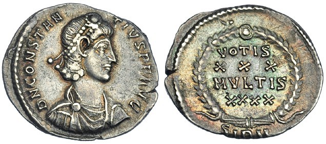 CONSTANCIO II. Silicua. Sirmium (355-361). A/ Busto diademado, drapeado y con co...