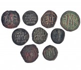 9 follis diferentes: Anastasio, Justiniano I, Justiniano II y Sofía, Heraclio, León VI y anónimos. BC+/MBC.