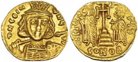 CONSTANTINO IV. Sólido. Constantinopla, S (668-685). R/ Cruz potenzada sobre tres gradas, entre Heraclio y Tiberio. SBB-1153. Rayitas. EBC-.