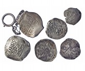 6 monedas macuquinas. México. De Felipe II a Felipe IV. 8 reales (3), 4 reales (2) y 2 reales. Ensayadores D y F. Una de elelas colgada en llavero. BC...