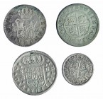 3 monedas de 2 reales: 1721, Segovia (colgada); 1758, Madrid; 1808, Madrid y real de 1733, Sevilla. Total 4 monedas. MBC-/MBC.