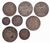 8 monedas: 2 reales (5), real (2) y 1/2 real. Felipe V a Carlos III. 2 reales: 1769, México; 1754, 1758 y 1758 de Sevila y 1761 de Madrid. Real: 1749,...