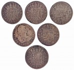 6 monedas de 2 reales. Madrid (3): 1759, 1761 y 1763. Sevilla (2): 1761 y 1762. y 1773, Potosí. BC+/MBC-.