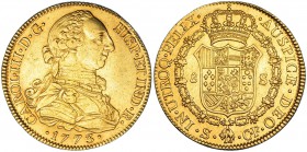 8 escudos. 1773. Sevilla. CF. VI-1775. Golpe en el canto y rayita en el anv. EBC-.