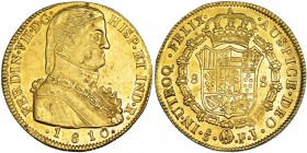8 escudos. 1810. Santiago. FJ. VI-1534. Hojitas en el anv. R. B. O. EBC. Escasa.