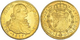 8 escudos. 1817. Santiago. FJ. VI-1543. Hojitas en el rev. R. B. O. EBC-.