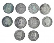 4 monedas de 1/2 real, 1752-1812; medalla de proclamación, módulo 1 real, 1833; 5 monedas de 1 real, 1844-1863. Total 10 piezas. BC+/MBC+.