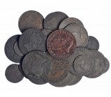28 monedas todas diferentes. 2 maravedís (9), 4 maravedíos,. 8 maravedís (8), 1/2 décima de real, doble décima, 5 cémtimos de real, 25 céntimos de rea...