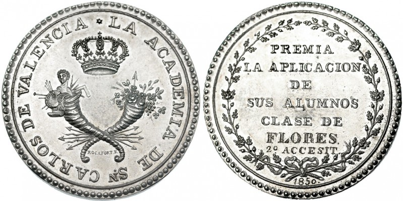 Medalla. La Academia de San Carlos de Valencia. 1850. R/ PREMIO A LA APLICACIÓN ...