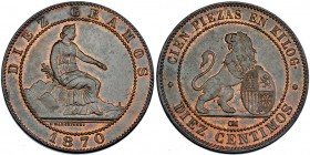 10 céntimos. 1870. Barcelona. OM. VII-6. R. B. O. EBC/ EBC+.