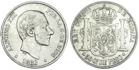 50 centavos de peso. 1880. Manila. VII-75. MBC-/BC+. Rara.