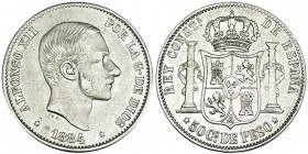 50 centavos de peso. 1884. Manila. VII-79. MBC. Muy escasa.