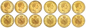 Conjunto de 6 monedas de 25 pesetas: 1876, 1877, 1878 DEM, 1878 EMM, 1879 y 1880. EBC+/SC.