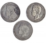 3 monedas de 5 pesetas: 1871 *74, 1894 y 1898. BC+/MBC-.