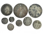 9 monedas de plata. 1583 a 1802. Ragusa (5); taler 1745 y 1753 y tres divisores, KM 17.18, 7 (2) y 5. Polonia (3), groschen, KM-6 y 31; Prusia, taler,...