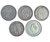 5 monedas tamaño duro. Francia: 5 francos, 1834 A y 1844 W; México (3): Peso, 1867; 8 reales, 1880 Guanajuato y 5 pesos, 1951. BC+ a EBC-.
