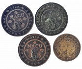 ANGOLA. Lote de 4 macutas: 1785, 1786 y 1789, con resello del escudo de Portugal y 1/2 macuta, 1858. MBC-/MBC.