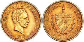 CUBA. 4 pesos. 1916. KM-18. Pátina rojiza. EBC-.