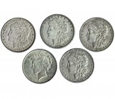 ESTADOS UNIDOS DE AMÉRICA. Lote de 5 monedas de 1 dólar. 1883-O, 1889, 1821, 1821-S y 1822. MBC/MBC+.
