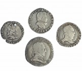 FRANCIA. Lote de 4 monedas de plata. Enrique III (2), franco, 1584-H y 1/2 franco, 1589-M. Enrique IV, 1/2 franco, S/F, R, KM-19. Luis XIII, 1/2 franc...