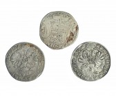 HOLANDA. Lote de 3 monedas de 28 stuivers. 1618, Kampen; 162(-), Zwolle; S/F, Fernando III. KM-23,17 y DAV-713.2. BC+/MBC-.