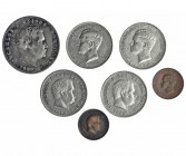 PORTUGAL. Lote de 7 monedas: 500 reis, 1891, 1896, 1908 (2); 1000 REIS, 1899; 5 reis, 1906 y 1910. Cinco en EBC y dos en MBC.