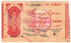 5 pesetas. 9-1936. Bilbao. con sello en rojo: DELEGACIÓN DE HACIENDA DEL GOBIERNO ( DE EUZKADI)..CATALUÑA. EBC.
