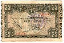 25 pesetas. 1-1937. Con sello en morado: EUZKADIKO CATALUNYAN ORDEZKARITZA ZENBATZA. MBC+. Muy escaso.